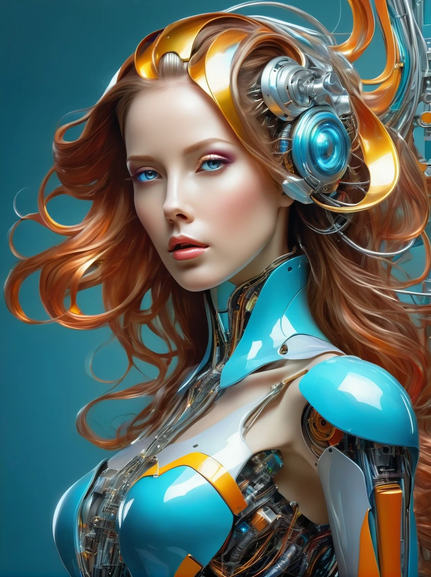 a image of a woman wearing colorful robot tech, in the style of free-flowing surrealism, shiny/glossy, precise and lifelike, hard surface modeling, precisionist lines, light silver and azure, engineering/construction and design