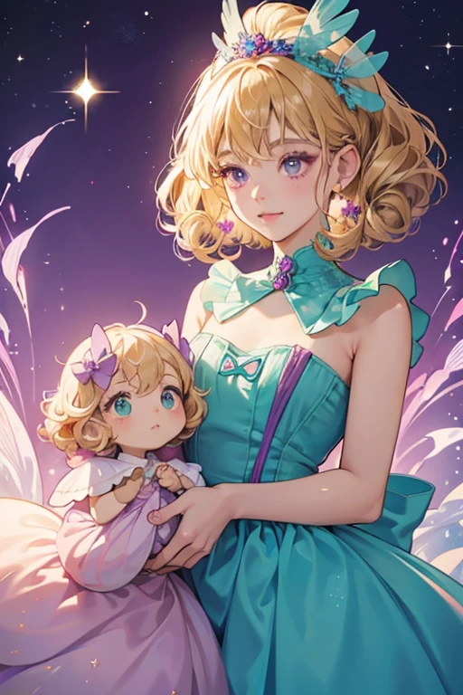 She has light purple and teal skin. She has a light red shell with the bottom shaped like a dress and a small thin red swirl on it. She has a brown leash around her shell. She wears a purple bow on her shell and has teal eyes and eyelashes. She also has blonde curly hair and light purple eyelids. SPARKLE; GLITTER