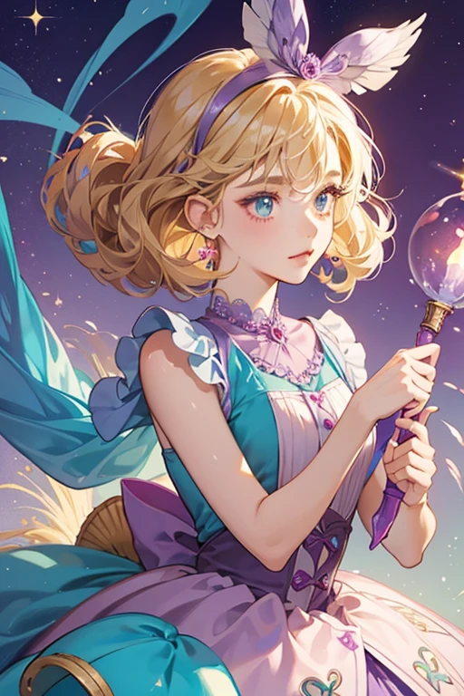 She has light purple and teal skin. She has a light red shell with the bottom shaped like a dress and a small thin red swirl on it. She has a brown leash around her shell. She wears a purple bow on her shell and has teal eyes and eyelashes. She also has blonde curly hair and light purple eyelids. SPARKLE; GLITTER