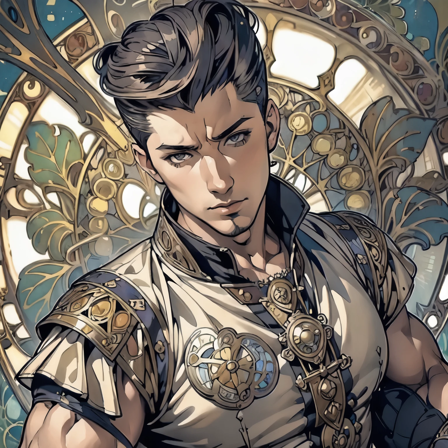 ((Detailed face)),((Mucha's style)),(portrait),((muscular male)),pompadour(Medieval  male soldier),black hair(Mucha in the background),(high position:1.4)
