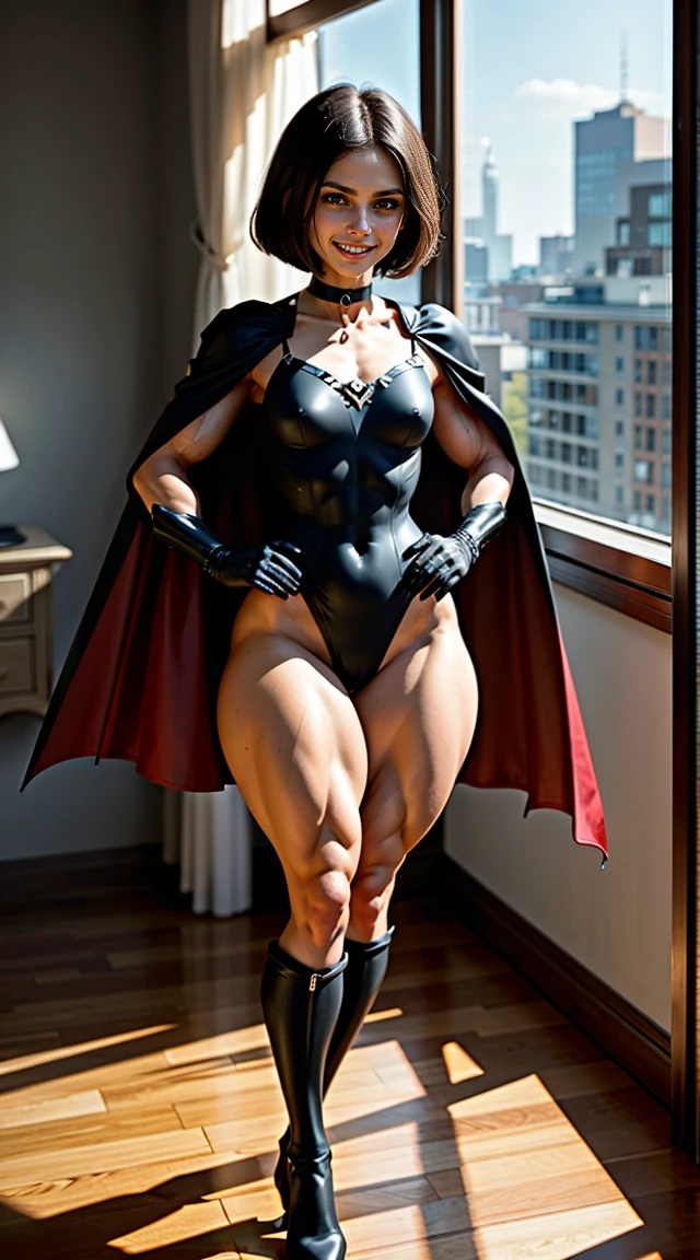 (Muscular:2.7), (thick thighs:2.7),
(female, green eyes, pale skin, jet black hair:1.5), adult, (bob cut:1.5),
(big smile:1.8), detailed eyes, clean skin, low key (DETAILED SKIN),
(small breasts:1.5),
(earrings, eyeshadow, lipstick), (glasses),
(superhero leotard, small cape, gloves, skirt, abs window, choker:2),
(upper body view:2.2), (three quarter view:1.5), (looking at viewer),
dark bedroom, rim lighting, two tone lighting, dimly lit, bokeh