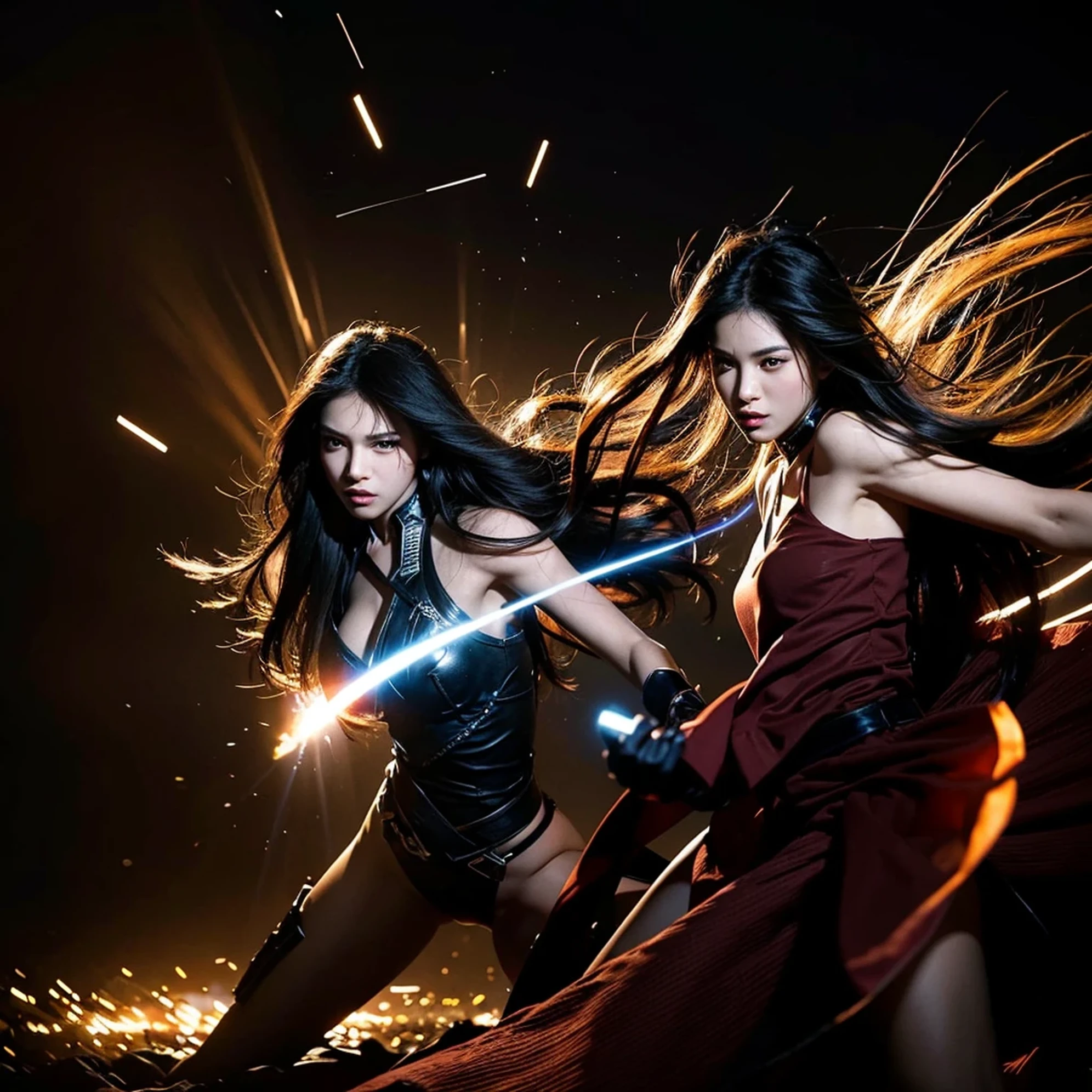 a girl, dramatic lighting, intense gaze, flowing hair, dynamic pose, battle-ready expression, vibrant colors, high contrast, energy burst, flying debris, epic scenery, sparks, intense action, powerful moves, strong presence, detailed eyes and face, dark background, artistic illustrations