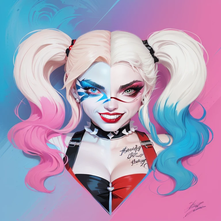 ink portrait line drawing by Ashley Wood, laughing harley quinn, bold brush strokes, color splatter, strong vibrant metallic neon collours