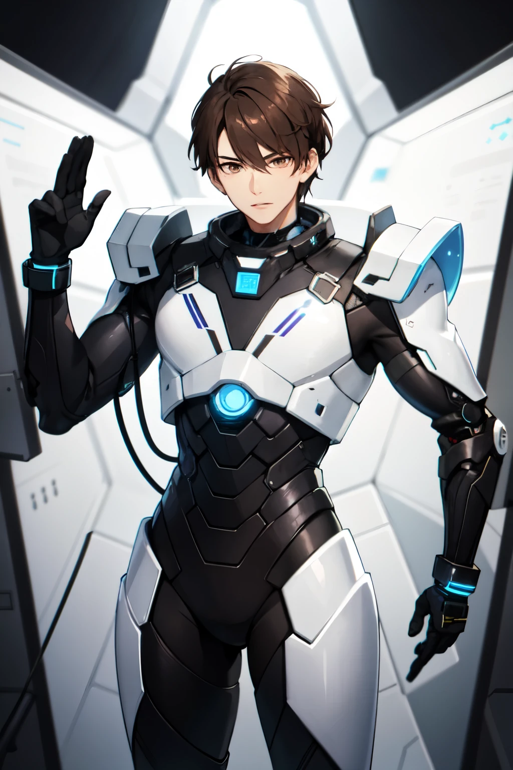 masterpiece, best quality, , 1boy, solo, male focus, looking at viewer, , depth of field, , , <lora:chiaki_uchimura:0.70>, chiaki_uchimura, brown hair, red eyes, geek costume, sci-fi, 12k resolution