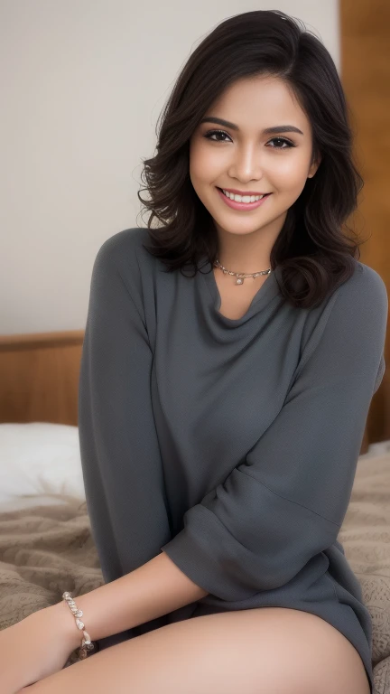 (8k, RAW Photos, Best Quality, Highest Resolution: 1.1), (Ultra Realistic: 1.4), (Realistic, Photorealistic: 1.3), young girl, (Malay  look), (wearing low cut short cami), sit  legs on bed, (dimples cheek), Realistic Face, Realistic Body, Realistic Skin, front view, Absurdity, Masterpiece, (Cute: 1.8), Cuties, Solo, Detailed Black Eyes, Innocent Eyes, Film grain, long simple necklace,  ((hair black, long layer cut, wavy)), cherry colored lips,  open lips, cleavage, slim, small breast, dimples,nipples, upper teeth, cute smile show teeth, (smiling eyes: 0.6), (grin: 1.2)), depth of field, blurred background, eye focus, bokeh, ambient soft lighting,  photon mapping, 