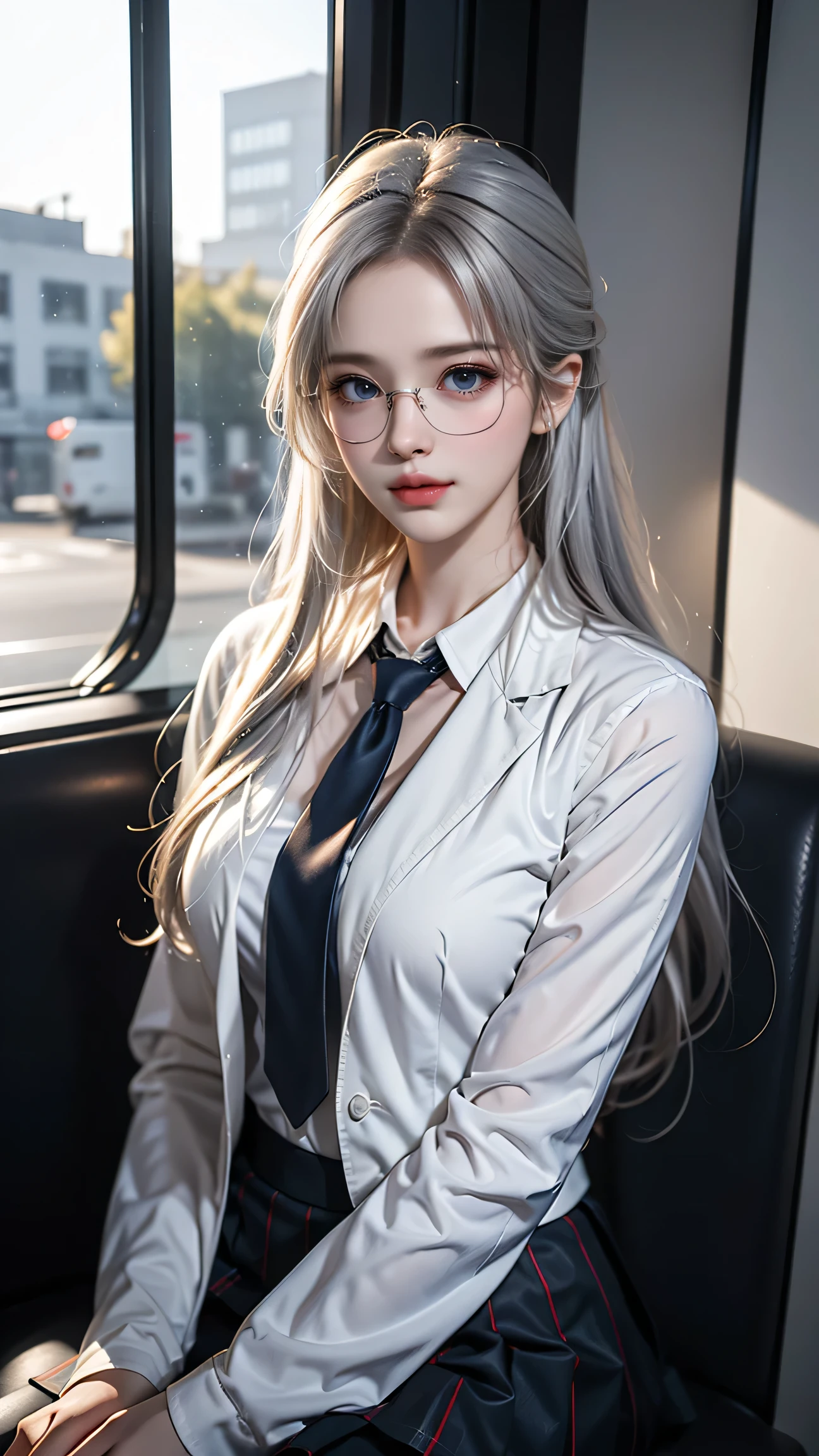 Best quality work,Actual work,Ultra Premium Graphics,8K HD CG works,High quality graphics,High-definition CG works,10x pixels,Extremely fine detail:1.1,Advanced Technical Details:1.1 Photorealistic,Indoor lighting effects:1.5,Natural light:1.5. Light effects(virtual Light effects:1.8),Long silver hair,Clear Eyes,Beautiful double eyelids,Sharp eye makeup, Delicate eyelash makeup, Thin eyebrows, Highly detailed eyes,High nose, Nice red lips, Rose Cheeks, A face with subtle makeup , Cute face, perfectly balanced face,(Advanced Face Detail:1.1),(Girl sitting on train seat)、Best quality work,Actual work,Ultra Premium Graphics,8K HD CG works,High quality graphics,High-definition CG works,10x pixels,Extremely fine detail:1.1,Advanced Technical Details:1.1 Photorealistic,Indoor lighting effects:1.5,Natural light:1.5. Light effects(virtual Light effects:1.8),Long silver hair((Eyes closed)), Thin eyebrows,High nose, Nice red lips, Rose Cheeks, A face with subtle makeup , Cute face, perfectly balanced face,(girl in school uniform),A light-toned foundation enhances the clarity of your skin.,((High school girl on the train door))、((White blazer)),(White blouse)、(Red tie)、(Dark blue checked skirt) 40k, photograph, ((Wear glasses, )). White skin, highest quality, Tabletop, Ultra-high resolution, (Realistic:1.4), RAWphotograph, (Perfect figure), (slim:1.3), Slim abdomen, Perfect slim figure, Dynamic Pose, alone, Cold light 12000K, Highly detailed facial and skin texture, Fine grain, Realistic eyes, Beautiful fine grain, (Realistic Skin), Charm, 超A high resolution, Surreal、