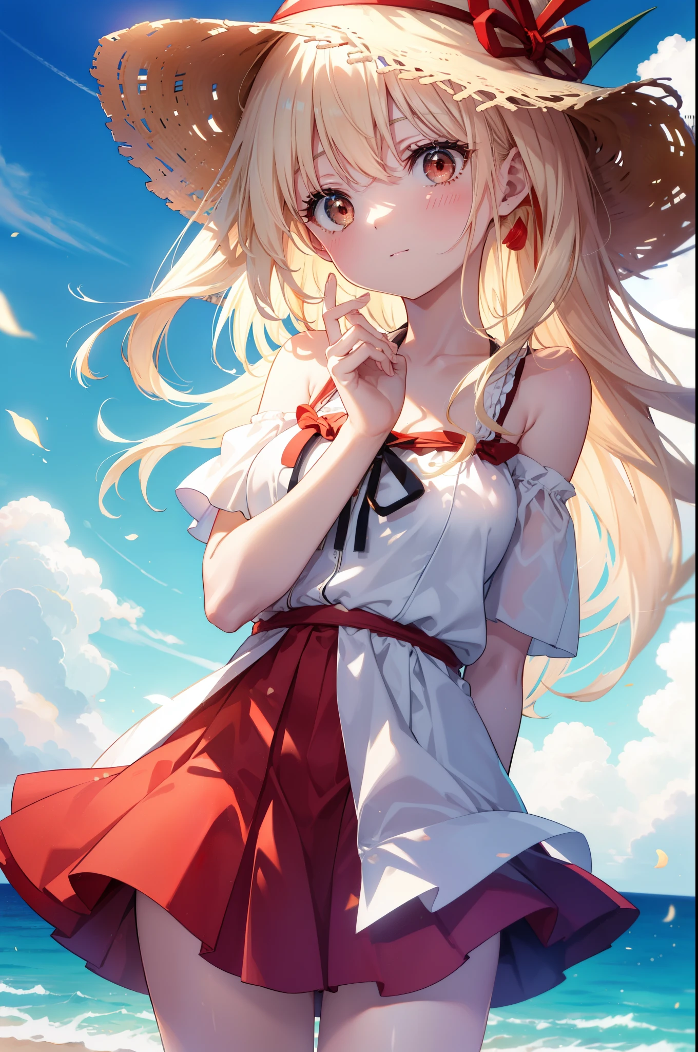 chisatonishikigi, nishikigi chisato,Long Hair , bangs, Blonde, (Red eyes:1.5), ,smile,blush,Open your mouth,Big straw hat,Off-the-shoulder dress,Long skirt,Bare neck,Exposing shoulders,bare clavicle,Grab the skirt with both hands and lift it up,barefoot,Beachの砂浜を散歩しながら,blonde hair swaying in the wind, real summer,Light of the sun,
break outdoors,Beach ,
break looking at viewer, (Cowboy Shot:1.5),
break (masterpiece:1.2), highest quality, High resolution, unity 8k wallpaper, (shape:0.8), (Fine and beautiful eyes:1.6), Highly detailed face, Perfect lighting, Highly detailed CG, (Perfect hands, Perfect Anatomy),