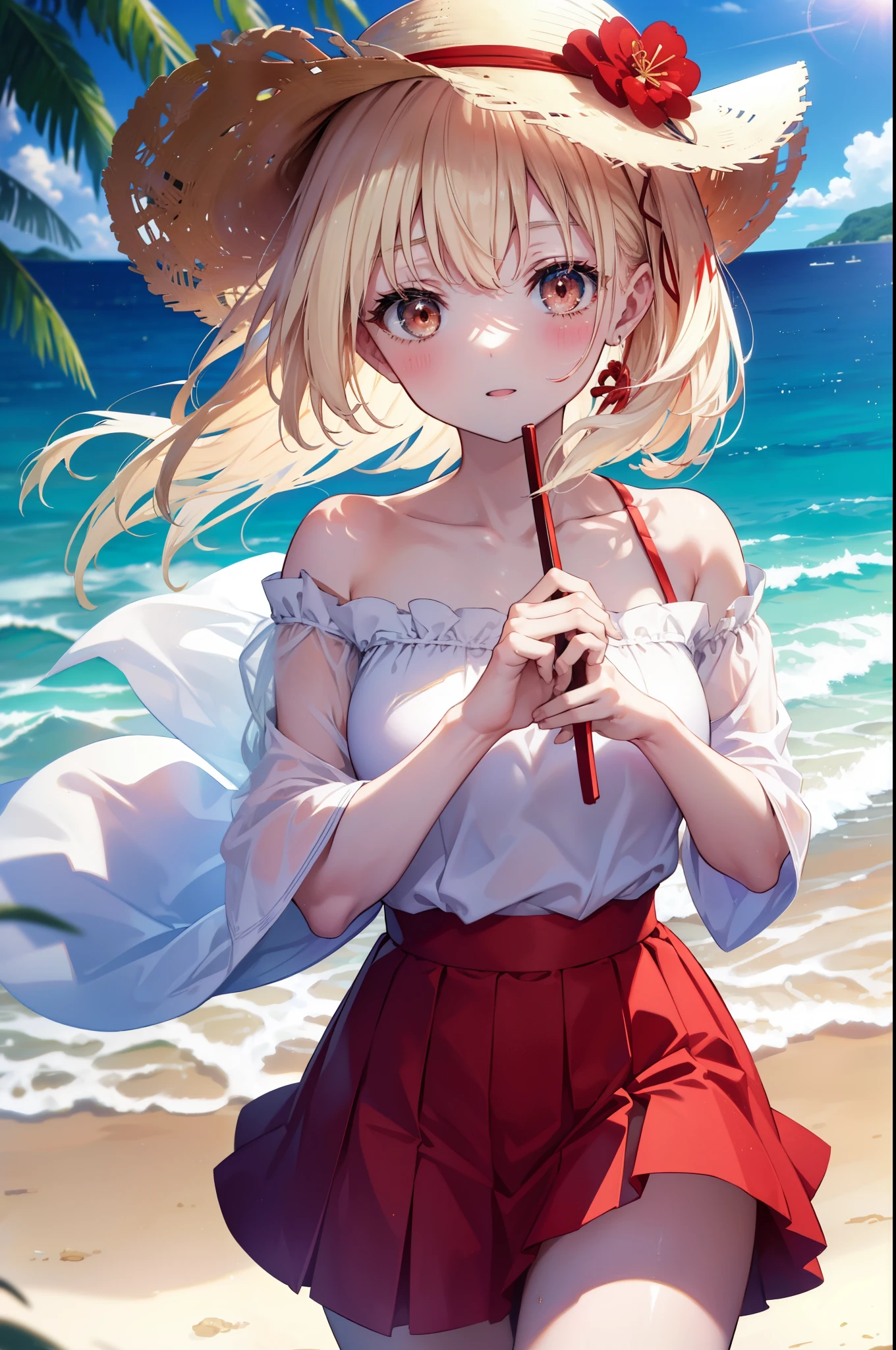 chisatonishikigi, nishikigi chisato,long hair , bangs, blonde hair, (red eyes:1.5), happy smile, smile, open your mouth,big straw hat,off shoulder dress,long skirt,naked neck,bare shoulders,bare clavicle,Grab the skirt with both hands and lift it up,barefoot,beachの砂浜を散歩しながら,風になびくblonde hair, real summer,Light of the sun,
break outdoors,beach ,
break looking at viewer,whole body (cowboy shot:1.5),
break (masterpiece:1.2), highest quality, High resolution, unity 8k wallpaper, (shape:0.8), (fine and beautiful eyes:1.6), highly detailed face, perfect lighting, Very detailed CG, (perfect hands, perfect anatomy),