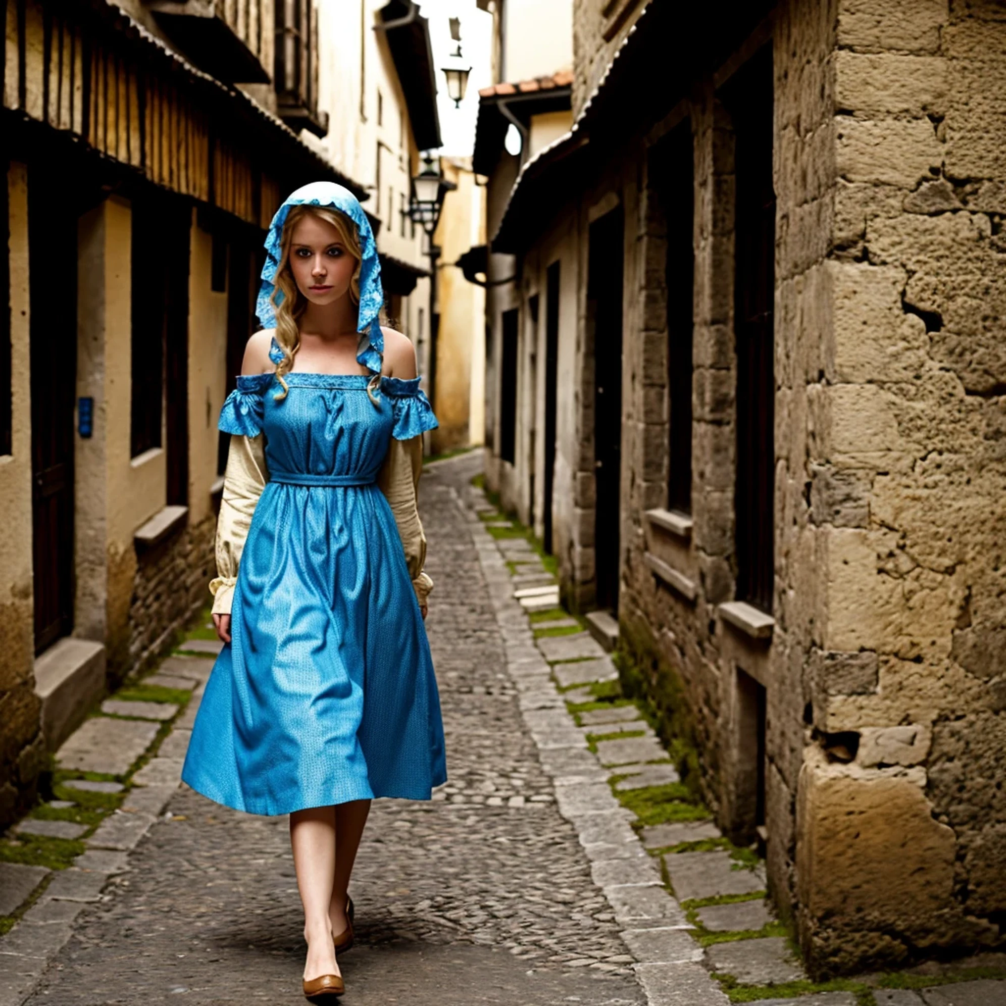 best quality, masterpiece, realistic photo, intricate details, raw photo, ultra detailed, old fashioned young woman, with peasant style dress, no necklines, blonde hair, perfect detailed and blue eyes, walking in an old city, HD quality, 8K, young woman, 20 years old