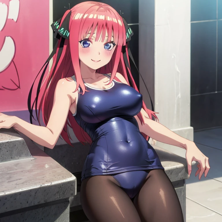 best quality, ultra-detailed masterpiece, anime art style, cute character, nino nakano, large breasts, blush, smile, one-piece swimsuit, pantyhose