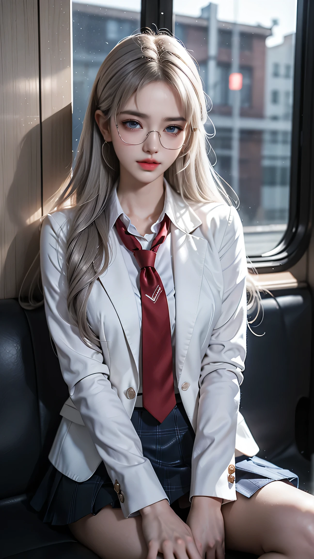 Best quality work,Actual work,Ultra Premium Graphics,8K HD CG works,High quality graphics,High-definition CG works,10x pixels,Extremely fine detail:1.1,Advanced Technical Details:1.1 Photorealistic,Indoor lighting effects:1.5,Natural light:1.5. Light effects(virtual Light effects:1.8),Long silver hair,Clear Eyes,Beautiful double eyelids,Sharp eye makeup, Delicate eyelash makeup, Thin eyebrows, Highly detailed eyes,High nose, Nice red lips, Rose Cheeks, A face with subtle makeup , Cute face, perfectly balanced face,(Advanced Face Detail:1.1),(Girl sitting on train seat)、Best quality work,Actual work,Ultra Premium Graphics,8K HD CG works,High quality graphics,High-definition CG works,10x pixels,Extremely fine detail:1.1,Advanced Technical Details:1.1 Photorealistic,Indoor lighting effects:1.5,Natural light:1.5. Light effects(virtual Light effects:1.8),Long silver hair((Eyes closed)), Thin eyebrows,High nose, Nice red lips, Rose Cheeks, A face with subtle makeup , Cute face, perfectly balanced face,(girl in school uniform),A light-toned foundation enhances the clarity of your skin.,((High school girl on the train door))、((White blazer)),(White blouse)、(Red tie)、(Dark blue checked skirt) 40k, photograph, ((Wear glasses, )). White skin, highest quality, Tabletop, Ultra-high resolution, (Realistic:1.4), RAWphotograph, (Perfect figure), (slim:1.3), Slim abdomen, Perfect slim figure, Dynamic Pose, alone, Cold light 12000K, Highly detailed facial and skin texture, Fine grain, Realistic eyes, Beautiful fine grain, (Realistic Skin), Charm, 超A high resolution, Surreal、