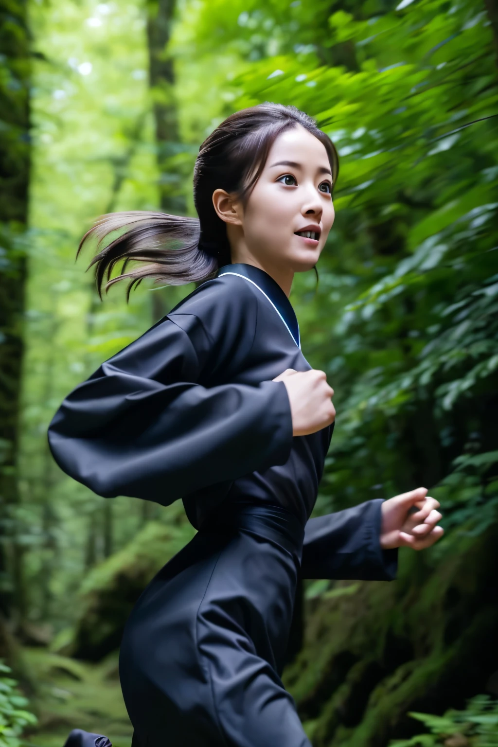 skinny Japanese woman in black Ninja kimono costume running to escape in the dark forest, beautiful face, ((detailed face, detailed eyes)), high quality, high resolution, hyperrealistic photo, a photo capturing a beautiful moment, award-winning, masterpiece