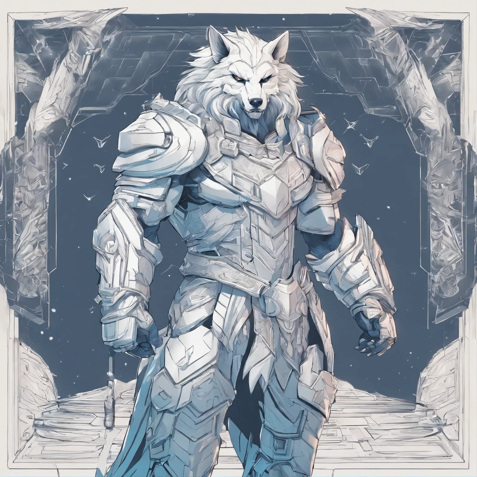 a muscular werewolf with a short gruffy beard and long flowing white hair, has white wolf ears and isnt wearing a shirt, wearing high tech sci fi armor, wearing fingerless tech gauntlets, has eyepatch, solo, alone, (SOLO)(ALONE) 1 male, has glowing blue eyes, has long locks, innocent, stupid looking, wearing neon light armor, glowing armor, has glowing tattoos, full body, showing full shape