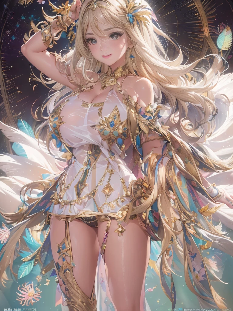 過去最高のmasterpiece、beautiful美しさ, 3D 2D, rich, blonde, skirt, stockings, High heels, star、(Very detailedな CG Unity 8k 壁紙),(masterpiece), (highest quality), (Very detailed), (Best Work),(Best Shadow), (sharp eyeliner, eye shadow, fine eye:1.1), (超High resolution,Realistic,Realistic),(8k,RAW Photos),Mature Woman、Sensual curves、Huge breasts、Thighs、bubble、お尻のmasterpiece, full body shot, beautiful女性, Captivating smile, Thick lips, Plumpとした唇, blush, Looking at the audience, Provocative expression, beautiful髪型, Cleavage, Plump、Curvy Hips、Attractive face、Sexy Dress、An inviting gaze、Expressing emotions、(((Erotic dresses)))、Gorgeous Accessories 、Big Breastsの女性, Blonde, colored feather, metal ornaments, colored Flowers, particle, Light, (1 girl:1.3),(Fractal Art:1.1),(colorful:1.1)、(Flowers:1.3),Most detailed,(Tangled:1.2), (Dynamic pose), (Abstract background:1.3), (Shiny skin), (Many colors :1.4), ,(Earrings:1.4), (feather:1.4),masterpiece, highest quality, Very detailed, 30~40 years, full body shot, beautiful 、Various Hair Styles,Gold headband,Ample breasts,beautiful butt,Greek clothing,Tulle covers the chest,Perfect balance, Costume details Details,marble,cinematic Lighting, Film Grain, Attention to detail, Openwork decoration,(((colorfulな最高級ドレス)))、(((解剖学的に正しいbody))) ,Big Breasts,Cowboy Shot, blush, (((1 girl))), Perfect Face, (((highest quality))), (Very detailed), detailed face and eye, (alone), High resolution、beautifuleye,(((Sexy pose)))、(((整ったBig Breasts)))、((beautiful eye))、luxury、(((超High resolution)))、(((Detailed Description)))、(((ぽっちゃりbody型)))、(((解剖学的構造に一致したbodyの部位)))、beautiful長いまつ毛、バランスのとれたbody型,The legs and arms are just the right size、Fishnet tights、glamorous、(((Clear white and black eye)))、lipstick、Shine、(Undistorted face, eye, body)、jewelry、gem、(長くカールしたbeautifulまつ毛)、(((バランス良いbeautiful胸)))、(transparent, Exquisite skin:1.2)、(((完璧なglamorousボディー)))、Actress's face、Super beautiful、Cute Smile、Healing beauty、Flower Shower、(((完璧なeye)))、Realistic depiction、Super sexy、Shiny、glamorous、double eyelids、Excellent shadow correction、(((ぼやけていないeye)))、(((Plump face)))、Cute face 、(((ShinyShine肌))) 、(((Gorgeous long dress)))