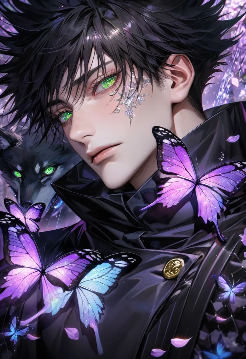 Ultra detailed, Highres, absurdres, HDR, master piece, Fushiguro Megumi, black hair, expressive green eyes, Jujutsu Kaisen, black long coat with patterns, purple ice flowers, petals, extremely handsome, sexy man, extremely detailed eyes and face, purple ice, purple ice glittering butterflies, black tight t-shirt, realistic face, glittering, glittering eyes, together with a black wolf,
