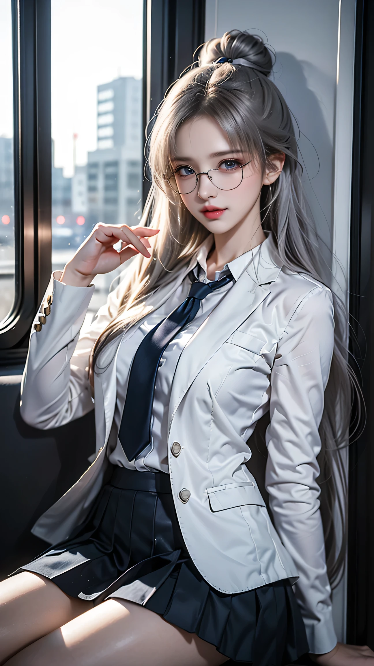 Best quality work,Actual work,Ultra Premium Graphics,8K HD CG works,High quality graphics,High-definition CG works,10x pixels,Extremely fine detail:1.1,Advanced Technical Details:1.1 Photorealistic,Indoor lighting effects:1.5,Natural light:1.5. Light effects(virtual Light effects:1.8),Long silver hair,Clear Eyes,Beautiful double eyelids,Sharp eye makeup, Delicate eyelash makeup, Thin eyebrows, Highly detailed eyes,High nose, Nice red lips, Rose Cheeks, A face with subtle makeup , Cute face, perfectly balanced face,(Advanced Face Detail:1.1),(Girl sitting on train seat)、Best quality work,Actual work,Ultra Premium Graphics,8K HD CG works,High quality graphics,High-definition CG works,10x pixels,Extremely fine detail:1.1,Advanced Technical Details:1.1 Photorealistic,Indoor lighting effects:1.5,Natural light:1.5. Light effects(virtual Light effects:1.8),Long silver hair((Eyes closed)), Thin eyebrows,High nose, Nice red lips, Rose Cheeks, A face with subtle makeup , Cute face, perfectly balanced face,(girl in school uniform),A light-toned foundation enhances the clarity of your skin.,((High school girl on the train door))、((White blazer)),(White blouse)、(Red tie)、(Dark blue checked skirt) 40k, photograph, ((Wear glasses, )). White skin, highest quality, Tabletop, Ultra-high resolution, (Realistic:1.4), RAWphotograph, (Perfect figure), (slim:1.3), Slim abdomen, Perfect slim figure, Dynamic Pose, alone, Cold light 12000K, Highly detailed facial and skin texture, Fine grain, Realistic eyes, Beautiful fine grain, (Realistic Skin), Charm, 超A high resolution, Surreal、