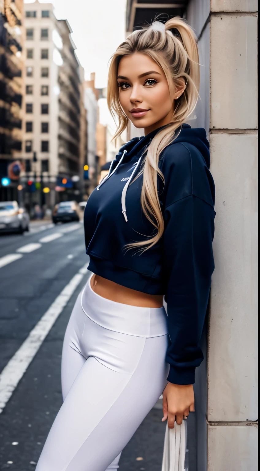 Foto hiperrealista en primer plano de Emily Sears, masterpiece, best quality, (photorealistic:1.4), full body, (navy blue oversize hoodie:1.1), (white half pant legs Leggings:1.2), New York streets, cinematic light, beautiful woman, skinny, large big breasts, ponytail blond hair, detailed face, smile, facing the camera, photo taken from a distance, age of 20 years old,