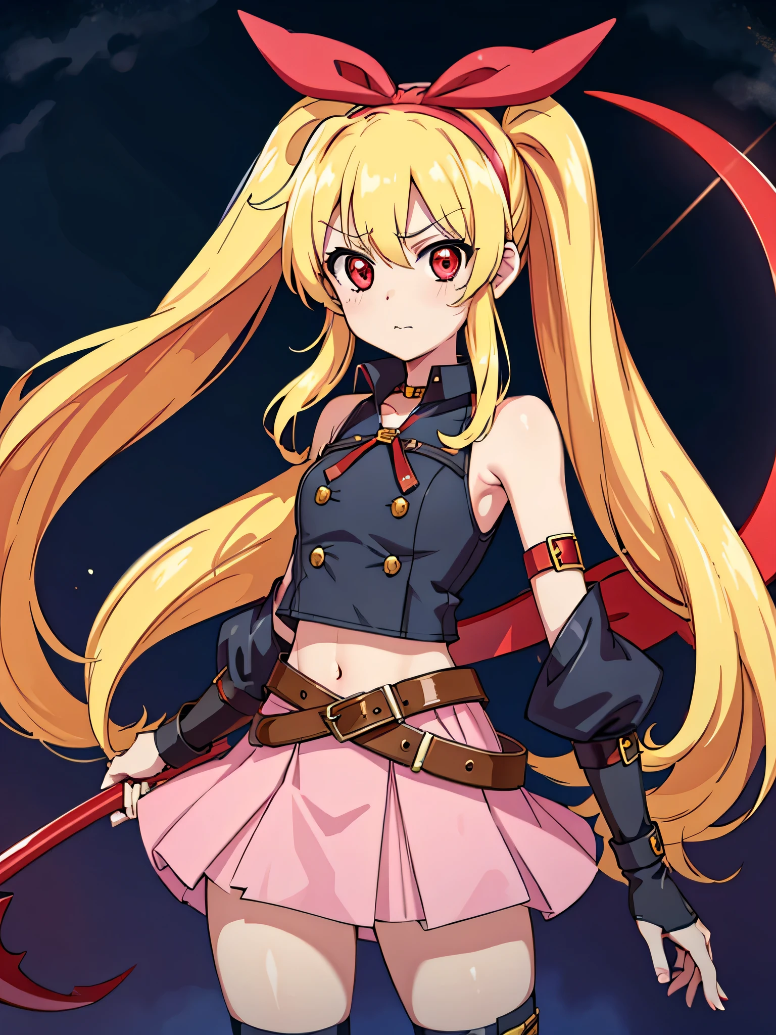 (red ribbon on hairband:1.2),(8K, best quality, muste piece:1.2)、ultra high resolution,1 very cute girl,hosimiya ichigo,ultra-detailed face, detailed eyes,RED eyes,absurdres, absolutely resolution, incredibly absurdres, highres, ultra detailed, official art, unity 8k wallpaper,
BREAK
1 girl, soro, , , twintails, long hair, (blonde hair:1.3), (middle parted hair:1.1), black sleeveless shirt, scanty clothing, black cloak, cross belt, (light pink skirt:1.2), black legwear, serious,
BREAK
holding weapon, large scythe, mechanical scythe,
BREAK
(magic circle:0.8), night sky,