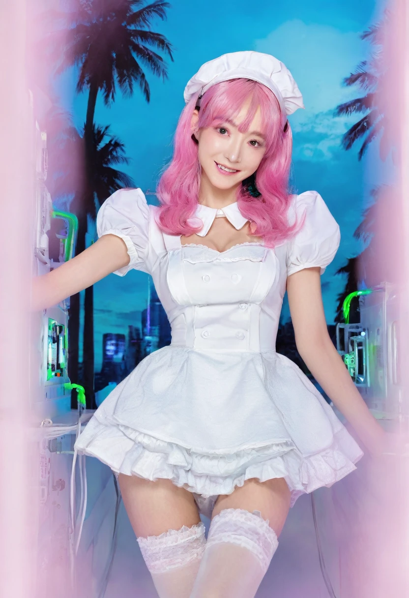 (8K、top-quality、masterpiece:1.2)、(reallistic、Photorealsitic:1.37)、The ultra-detailliert、superrealism、(1 Maid of Humanoid Girl)、(((((Maids)))))、tre anatomically correct、Looking at the camera、All mecha from the neck down、android、Humanoid、cute little、Straight face、solo、(Redness of the nose)、(A smile:1.15)、beautidful eyes、Big eyes、(long:1.2)、Floating Hair Novafrog Style、Pink hair、Machine body、Body cable、pinafore、(((((Gears on the surface of the body、Body valves on the surface of the body、Transistors on the surface of the main unit、Vacuum tubes on the surface of the body)))))、cyberpunked、Raise your left leg、electrical cables、Reverse、((((retro-futuristic)))、Cyan LED、(((Inside the spacecraft)))、Stylish coffee shop with pink walls、、(((((((((tits))))) 、(((((Thighs、panties)))))、Brown Hair、(((((Leg spread))))) 、(((((Future City))))) 、Palm Tree