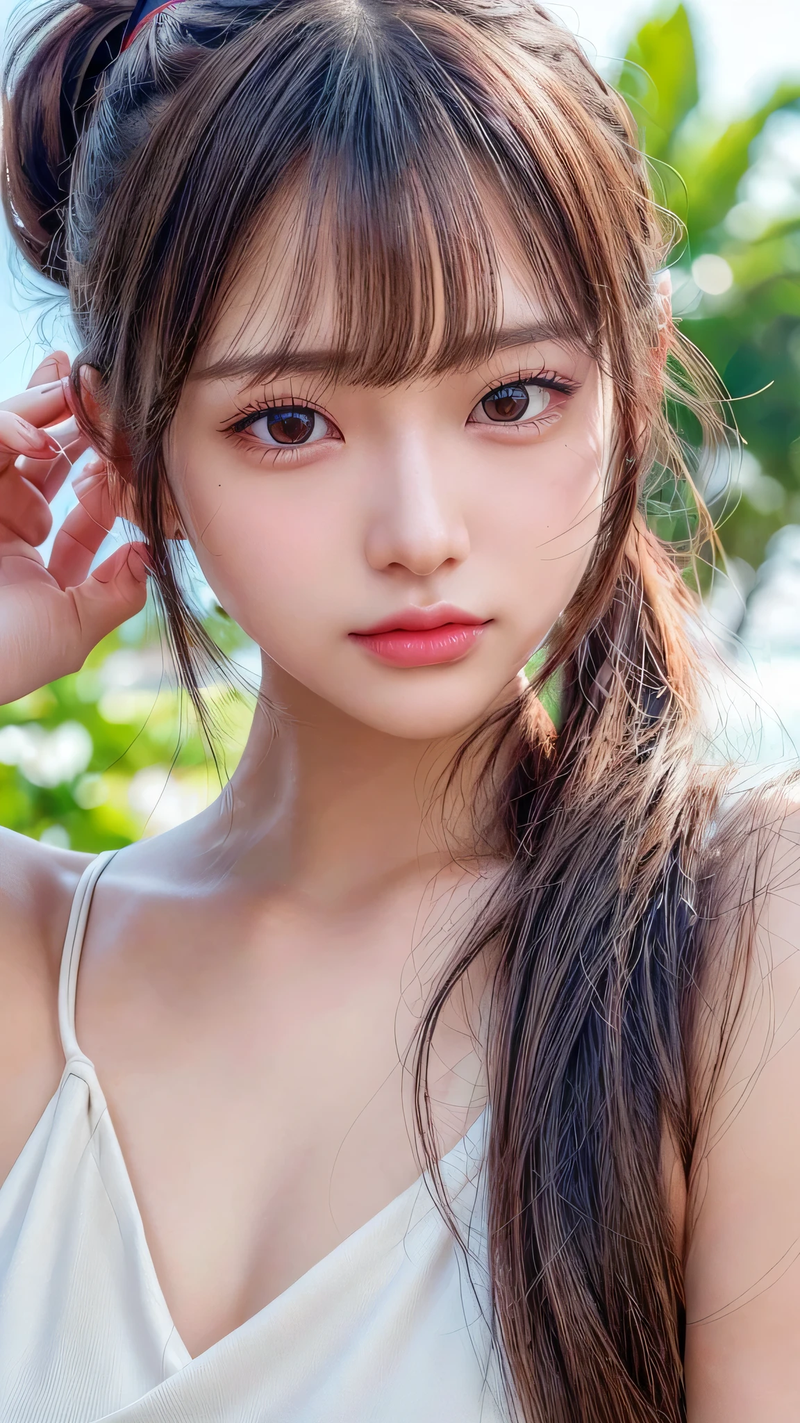 Beach,resort,white bikini,Close-up of face,Blushing,Facing forward,Close-up of face,Small breasts,14 years old,Long hair ponytail,((8K, Raw photo, Best Quality, Mastepiece:1.2), (Realism, Photorealistic:1.4), (Highly detailed 8K wallpapers), Depth of written boundary, Cinematic Lighting, Soft Light, Detailed Beauty Eye,Shiny and smooth light brown ponytail, Asymmetrical bangs, Shiny skin, Ultra-detailed skins ,It is high resolution., High detail, Detailed hairstyle, Detailed  beauty, Hyper-realistic, Perfect limbs, Perfect  ,1 Japanese girl,Famous Japanese Idols, Perfect female body,A shy smile,Short eyelashes,Double-edged eyelids,Look straight here,Hair style: ponytail,Close-up of face