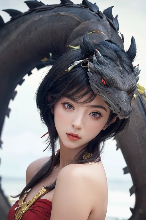 A beautiful woman with red eyes、Posing for a graceful photo with a giant black dragon, arpino,Gray Hair,Face to face, Ultra-realistic, Clear images