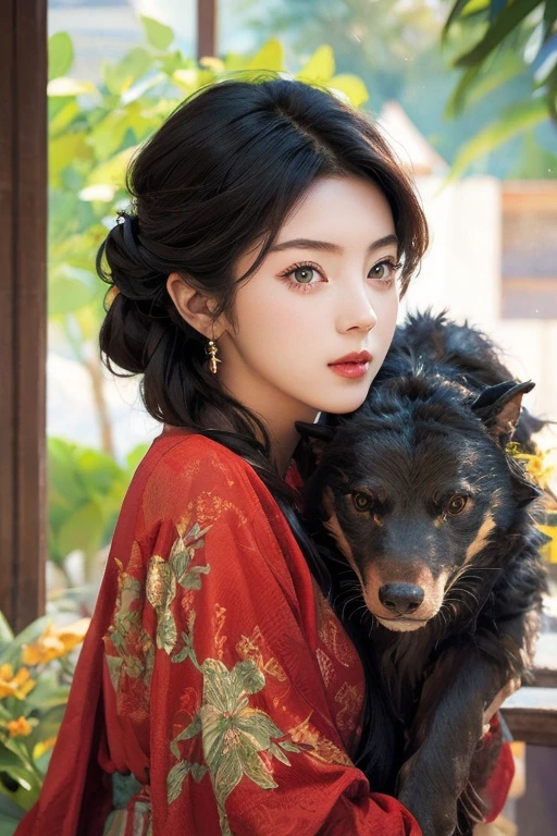 A beautiful woman with red eyes、Posing for a graceful photo with a giant black dragon, arpino,Gray Hair,Face to face, Ultra-realistic, Clear images