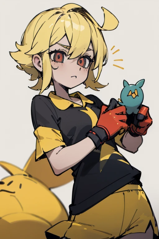 Chica, cabello pelirrojo en dos coletas, ojos naranjas, ropa deportiva, Pokémon Trainer, shy