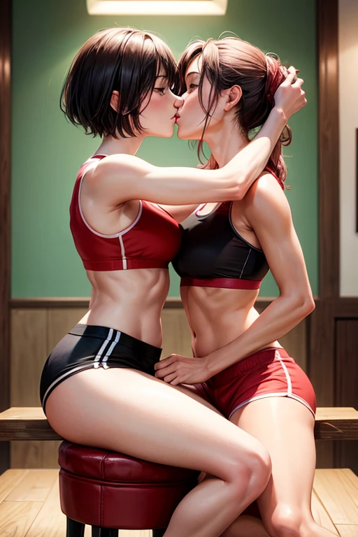 two persons. Drenched in sweat and covered in bruises, she is in a mixed martial arts ring against a female fighter. She is lying on her stomach. Her opponent, a female fighter, is tightening her arms around her neck. her one eyei s closed and mouth open, she is gasping for breath and drooling. She is a cute Japanese high school girl with short-cut black hair. She is wearing a sports bra, high-leg shorts, and open-finger gloves. Small breasts, poor belly, slender body, poor body.