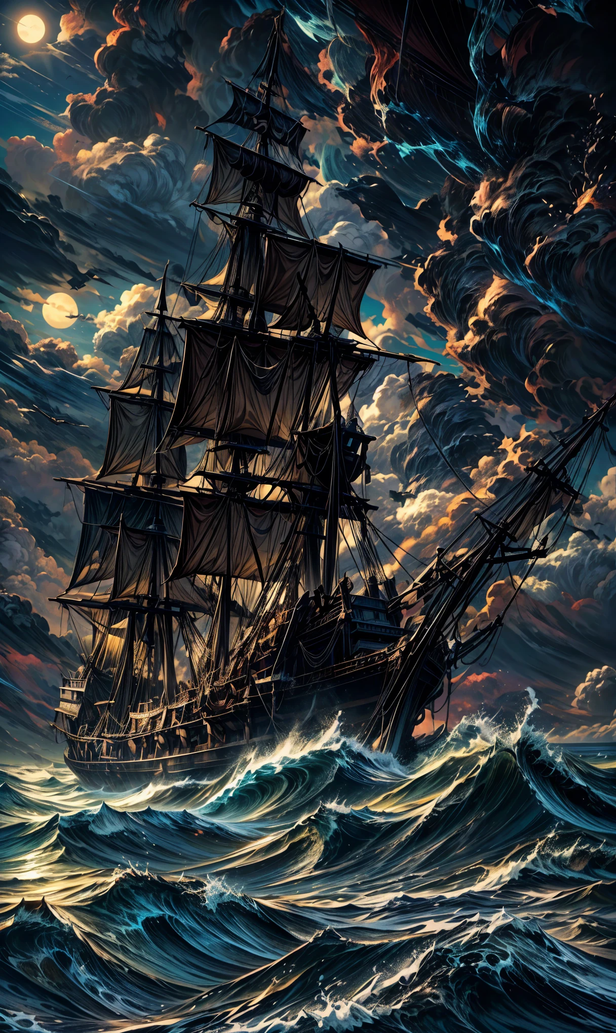 there is a Ship that is floating in the ocean at night, a Ship lost in a storm, gothic Ship on ocean, Ship at sea, dramatic nautical scene, Storm at sea, in rough seas with big waves, Shipwreck, old pirate Ship, on a pirate Ship background, The Flying Dutchman, Apocalyptic stormy seas, Stormy seas, Night sea storm, Ship