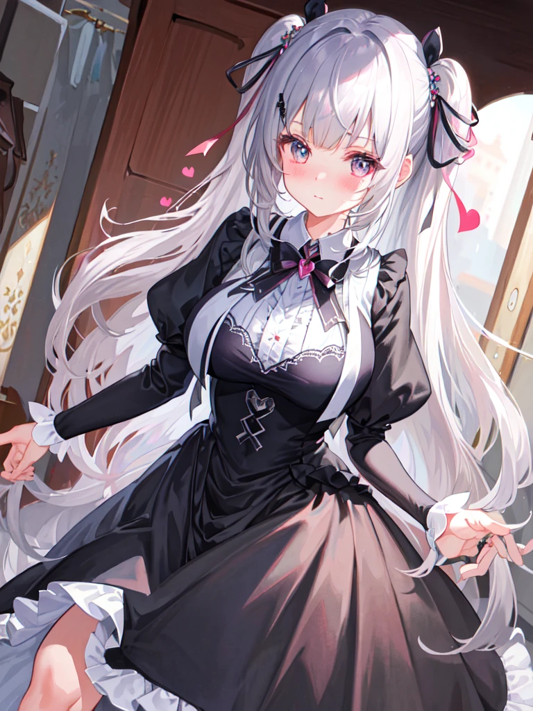 (((Masterpiece))), top quality, super detailed, blush, cute and playful, goth clothes, ribbons, cheerful, silver hair, fluffy hairstyle, huge, heart-blowing eyes, sweet look.