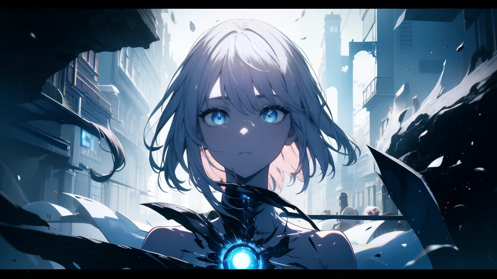 (masterpiece, highest quality, Ultra-high resolution), 1 boy, Are standing, , White office shirt, Black pleated skirt, ((jet black, jet black hair:0.7), Cut long hair, White skin, ((blue eye)), Shine_eye, neon eye, (ultra detailed eye, Beautiful and elaborate face, detailed eye:0.9), ((in the center)), smile, ((Wide Shot)), Face-to-face audience, Eye height, (black background, remaining fire, fire), Flat Chest, Looking at the audience, ((half closed eye)), ((Perfect hands)), (((head, arm, Hip, elbow, In the view))), ((Place your hands behind your back)), empty eye, Beautiful lighting, background, Defined Subjects, Age 25, Perfect ???????, Perfect body,Gray Hair,Long-Eyed View,short hair,snow,snow,吹snow,winter,Tethered to a machine,Mechanization,Mechanical arm