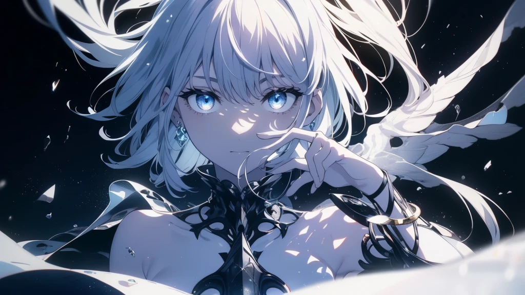 (masterpiece, highest quality, Ultra-high resolution), 1 boy, Are standing, , White office shirt, Black pleated skirt, ((jet black, jet black hair:0.7), Cut long hair, White skin, ((blue eye)), Shine_eye, neon eye, (ultra detailed eye, Beautiful and elaborate face, detailed eye:0.9), ((in the center)), smile, ((Wide Shot)), Face-to-face audience, Eye height, (black background, remaining fire, fire), Flat Chest, Looking at the audience, ((half closed eye)), ((Perfect hands)), (((head, arm, Hip, elbow, In the view))), ((Place your hands behind your back)), empty eye, Beautiful lighting, background, Defined Subjects, Age 25, Perfect Anatomy, Perfect body,Gray Hair,Long-Eyed View,short hair,snow,snow,吹snow,winter,Tethered to a machine,Mechanization,Mechanical arm