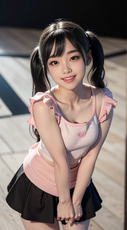 Super detailed,Realistic,(One girl),on stage,Stage lighting,(Detailed Background),[(Detailed face):14],(Detailed nose redness),(Center of chest),(Fine twin tails),(Wavy Hair),Detailed sunlight,(Skin with attention to detail:1.4),(Flat bangs),Focus on the face,(Detailed black eyes:1.4),(Big eyes),(White socks),
clean, Pure Face,(Captivating smile),Are standing,
(Knitted sleeveless),(mini skirt) ,(Pink sneakers)