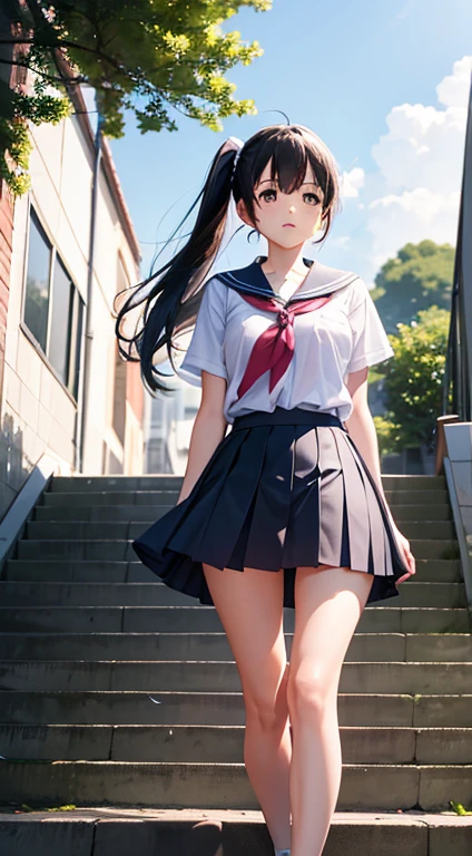 very cute and beautiful girl,(very detailed美しい顔と目:1.2), smile,black hair,sailor suit,(navy blue pleated mini skirt),from below, think back,from behind,leaning forward,white panties,flower garden,stone steps, (highest quality,masterpiece:1.2),intricate details,High resolution,very detailed,alone, cinematic lighting,dynamic angle,