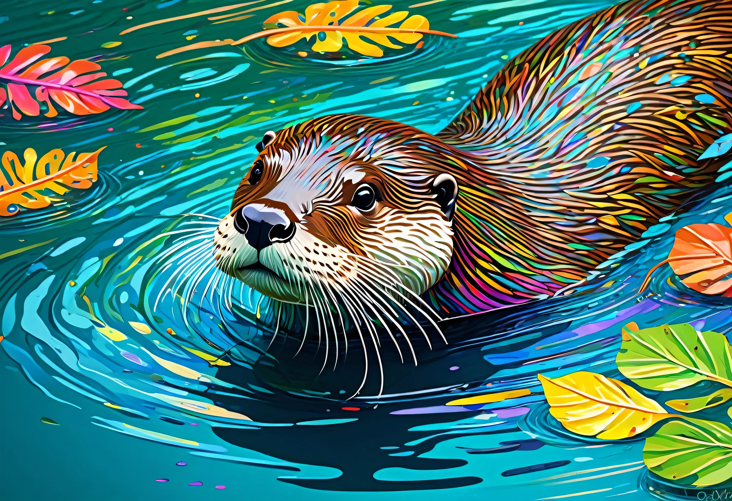 A swimming Otter with colorful paint on its body and leaves, vector art：Zahari Zograf, Trending on Pexels, psychedelic art, Rich in color and detail, A complex and colorful masterpiece, art：Alessandro Pautasso, very complex and colorful, colorful hd images, A colorful and intricate masterpiece, High quality HD digital art, great digital art, very colorful