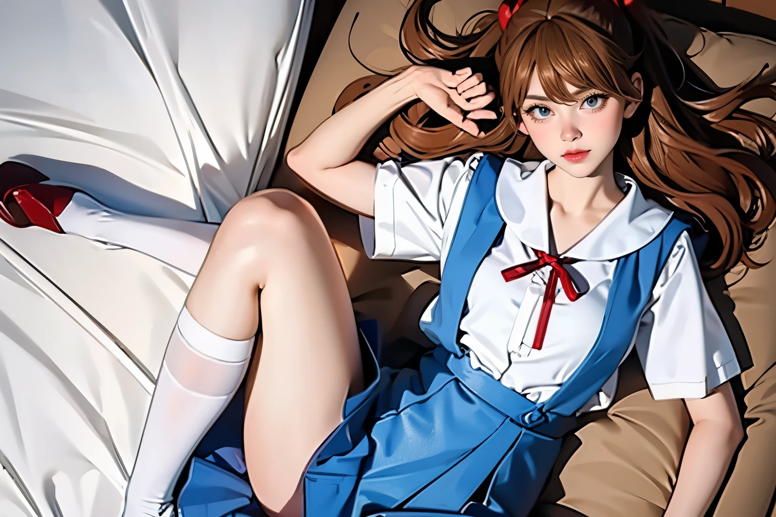 ((highest quality, 8k, masterpiece:1.3, Realistic:1.3)), {{Lying in bed, From above, dakimakura}}, spreading legs, spreadinglegs, showingnipples, Japanese , Single nakedwoman,  very light brown hair, With bangs, (skimpy Japanese Uniform, socks, Thick thighs,Save the song in cotton), Highly detailed face and skin texture, Beautiful Eyes, Lip details, The hair is very well drawn, In the heat, Embarrassed look, Natural Makeup:1.0,Skirt flip,pantyhose,