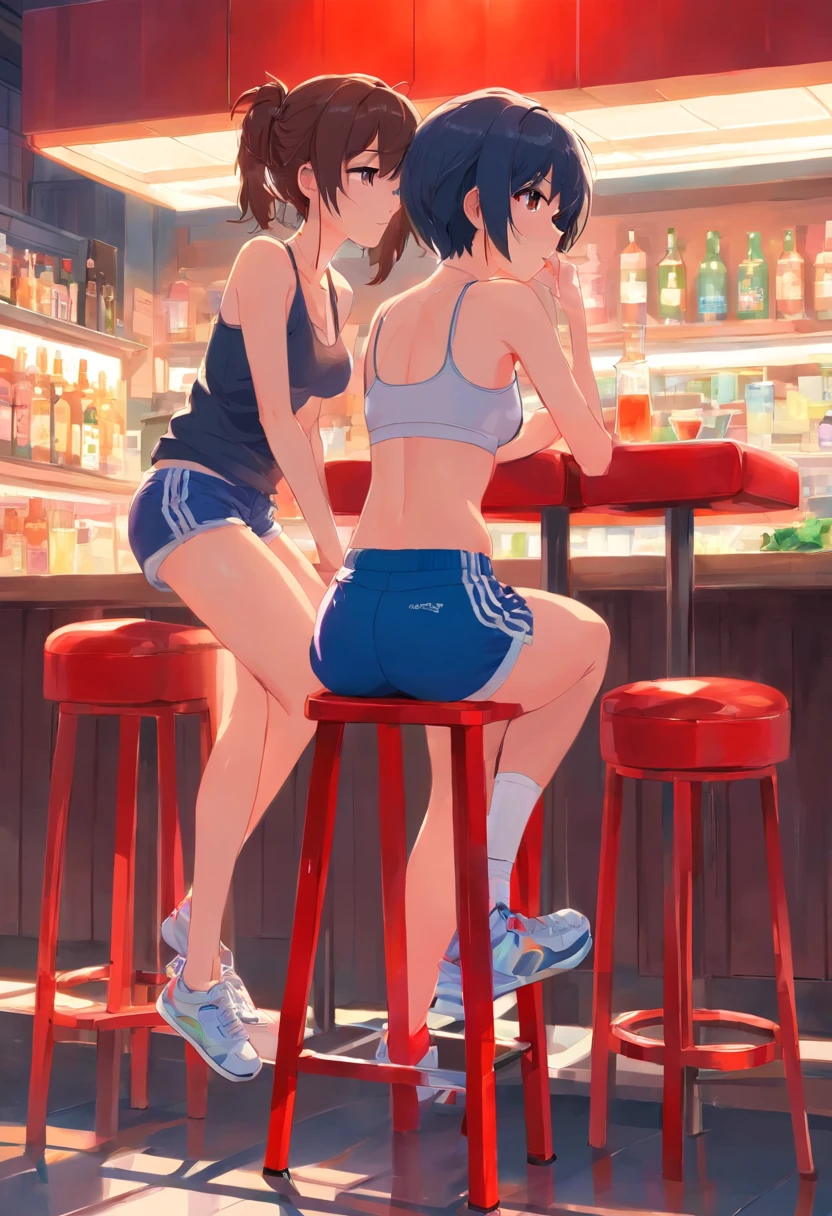 a couple of women sitting on top of a red stool, tumblr, sport bra and shorts, a hyperrealistic , lesbian kiss, sitting at table