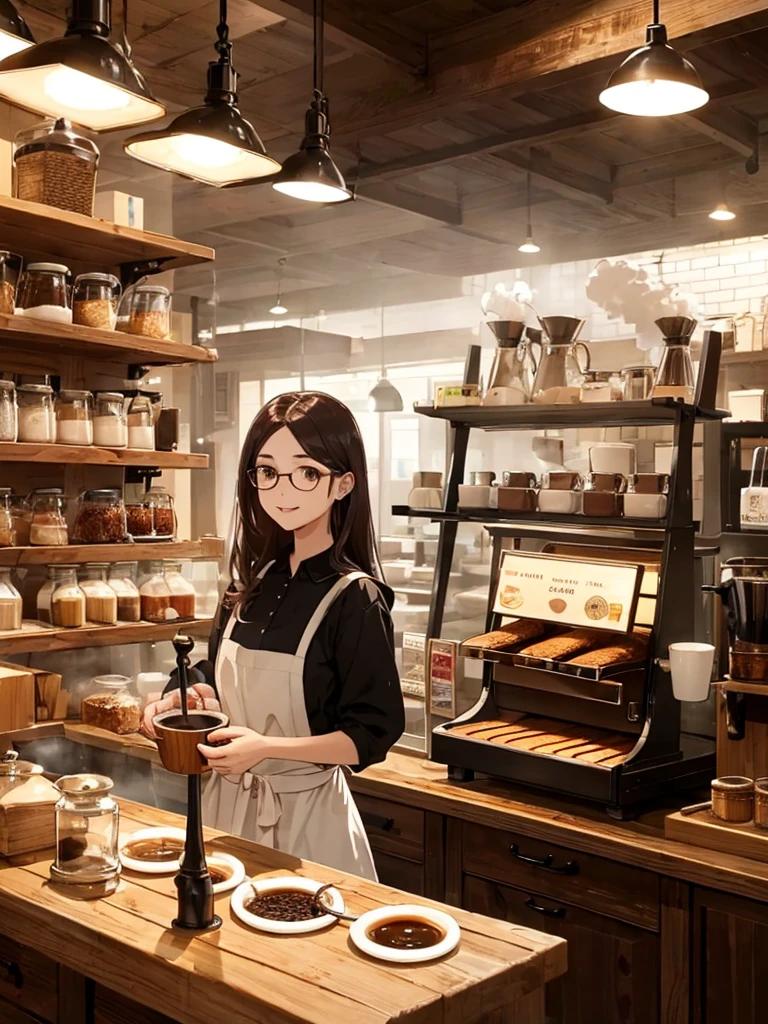dark brown eyes, stylish glasses, white apron, black dress, standing behind the counter, steam rising from the coffee, wooden shelves filled with freshly roasted beans, coffee cups neatly arranged, soft lighting, warm and cozy atmosphere.