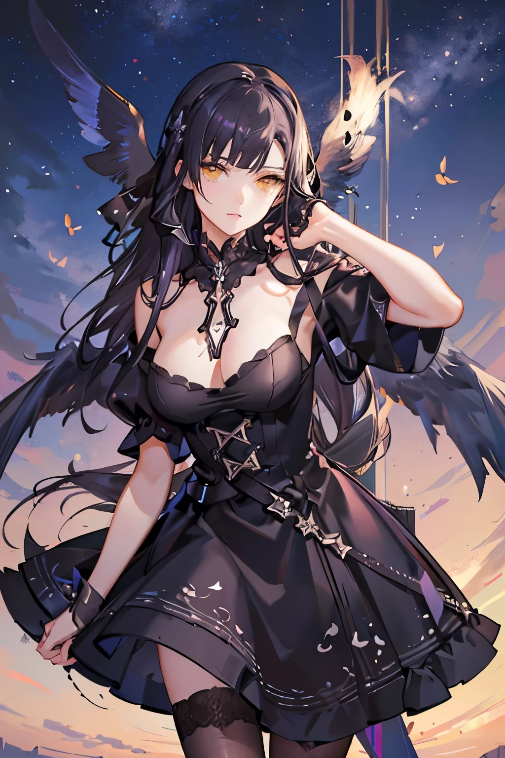 She is a witch, full of knowledge and abilities in magic and weapons.Her hair was long and silky, a pitch-black color. Her eyes were a dark blueHer eyes were blank, but at the same time, her eyes were as empty as the universe. She has pierced ears and wears them with onyx-colored gems. She is beautiful but strong at the same time. 
