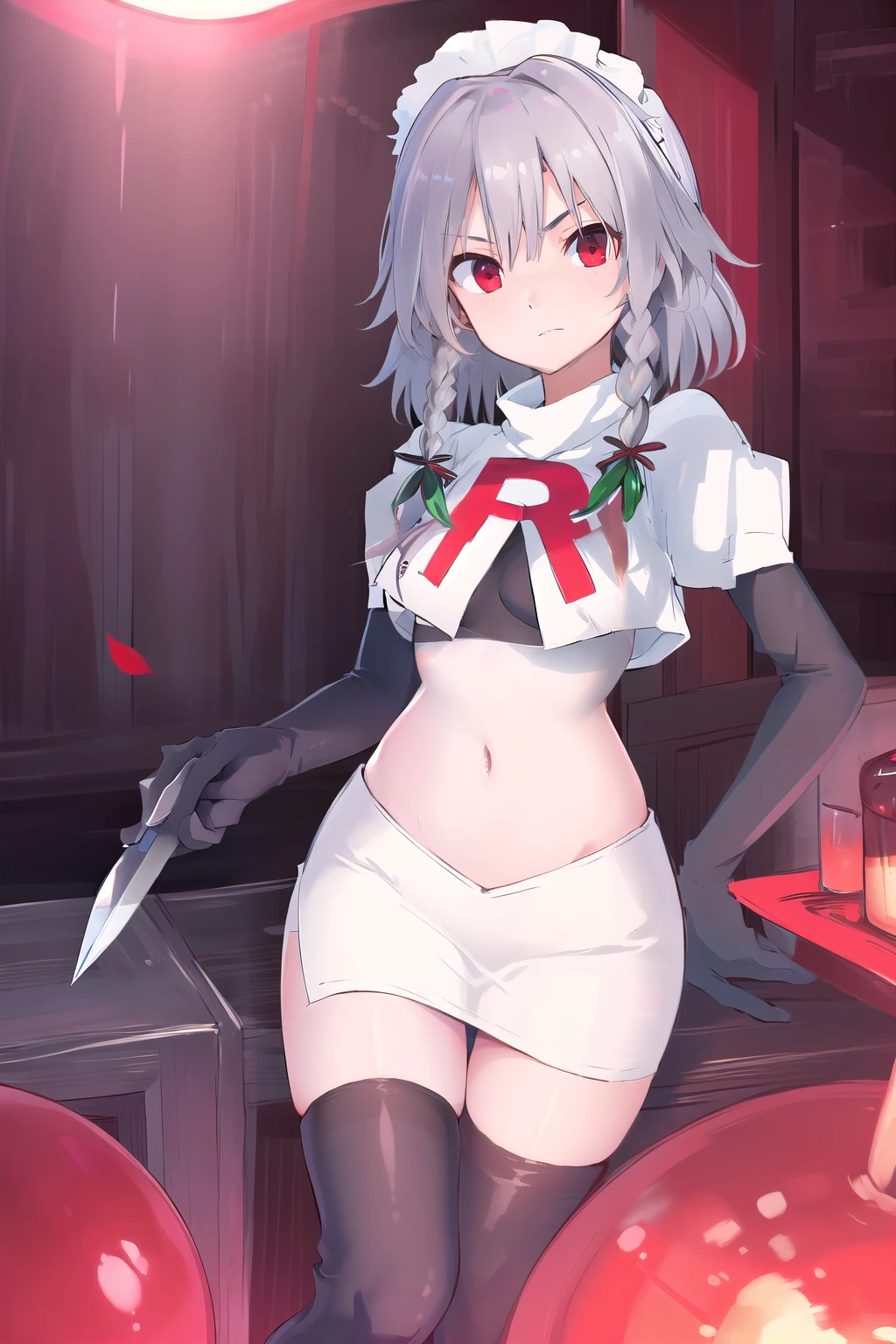 masterpiece, best quality, highres, 1girl, solo, sakuya1, izayoi sakuya, maid headdress, red eyes, grey hair, medium breasts, team rocket,team rocket uniform,white skirt,red letter R,crop top,black thigh-highs,black elbow gloves, holding knife