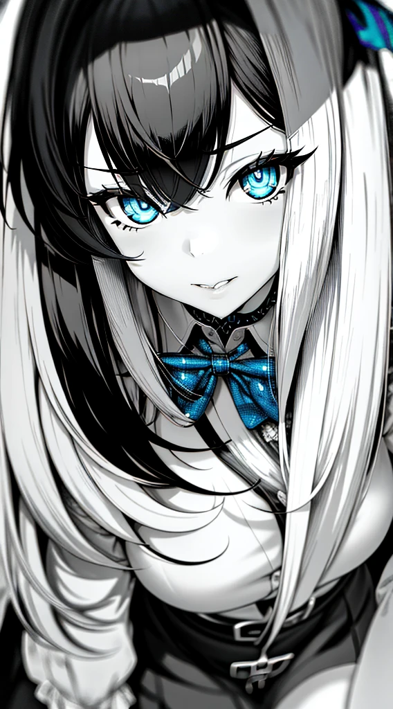 White background, grayscales ,(linear art:1.2), bowtie, black hairband, Black skirt, femme, Collared shirt  ,(Blue eyes:1.2),  sketch, monochromes, BLUE AND BLACK ,Cross-eyed、Stranger、View other people、Ahegao , Silly,Sexual ecstasy,Drunken eyes,Blunt bangs, Black hair, (finely detailed beautiful eye: 1.2), (Detailed background,Dark Fantasy), (beautifull detailed face), High contrast, (Best Illumination, extremely delicate and beautiful), ((Cinematic Light)), Colorful, Hyper Detail, Dramatic light,