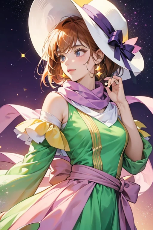 She is light purple and has dark orange hair. She wears a white hat, a magenta scarf, and a green dress. SPARKLE; GLITTER