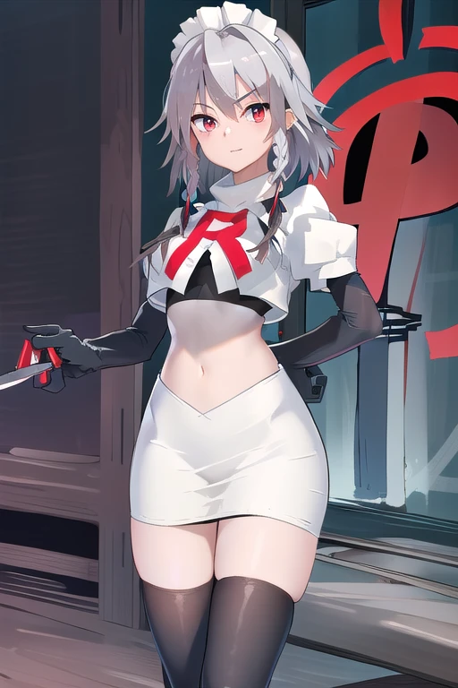 masterpiece, best quality, highres,  1girl, solo, sakuya1, izayoi sakuya, maid headdress, red eyes, grey hair, medium breasts, team rocket,team rocket uniform,white skirt,red letter R,crop top,black thigh-highs,black elbow gloves, holding knife