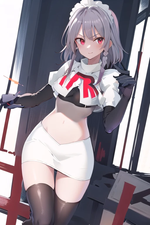 masterpiece, best quality, highres,  1girl, solo, sakuya1, izayoi sakuya, maid headdress, red eyes, grey hair, medium breasts, team rocket,team rocket uniform,white skirt,red letter R,crop top,black thigh-highs,black elbow gloves, holding knife