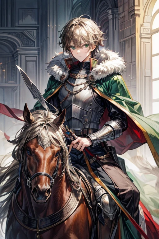 (masterpiece, best quality, perfect face, expressive eyes), 1boy, (anime), (male), (adult), sage green eyes, light brown hair, crown, riding a steed, brown fur cloak, hussar armor,