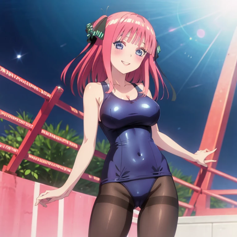 best quality, ultra-detailed masterpiece, anime art style, cute character, nino nakano, large breasts, blush, smile, one-piece swimsuit, pantyhose, open legs