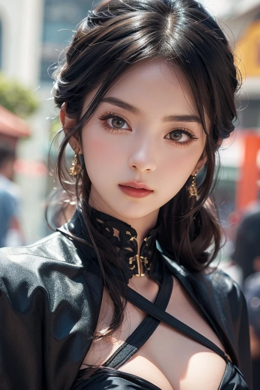 A beautiful woman with red eyes、Posing for a graceful photo with a giant black dragon, arpino,Gray Hair,Face to face, Ultra-realistic, Clear images