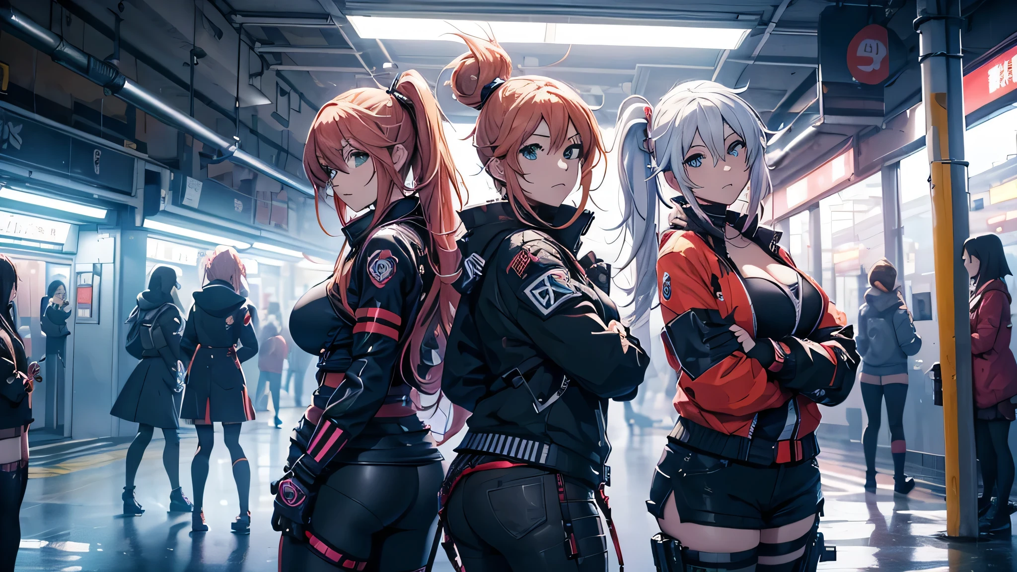 4 Chicas anime posando en una ciudad por la noche., oppai ciberpunk, anime ciberpunk art, anime ciberpunk, arte del anime ciberpunk, digital arte del anime ciberpunk, ciberpunk digital - arte anime, anime ciberpunk moderno, anime ciberpunk digital!!, mejor fondo de pantalla de anime 4k konachan, chica anime cyberpunk femenina, en la ciudad ciberpunk, tendencia en cgstation, mujeres ciberpunk in the subway usando armamento tipo fortnite