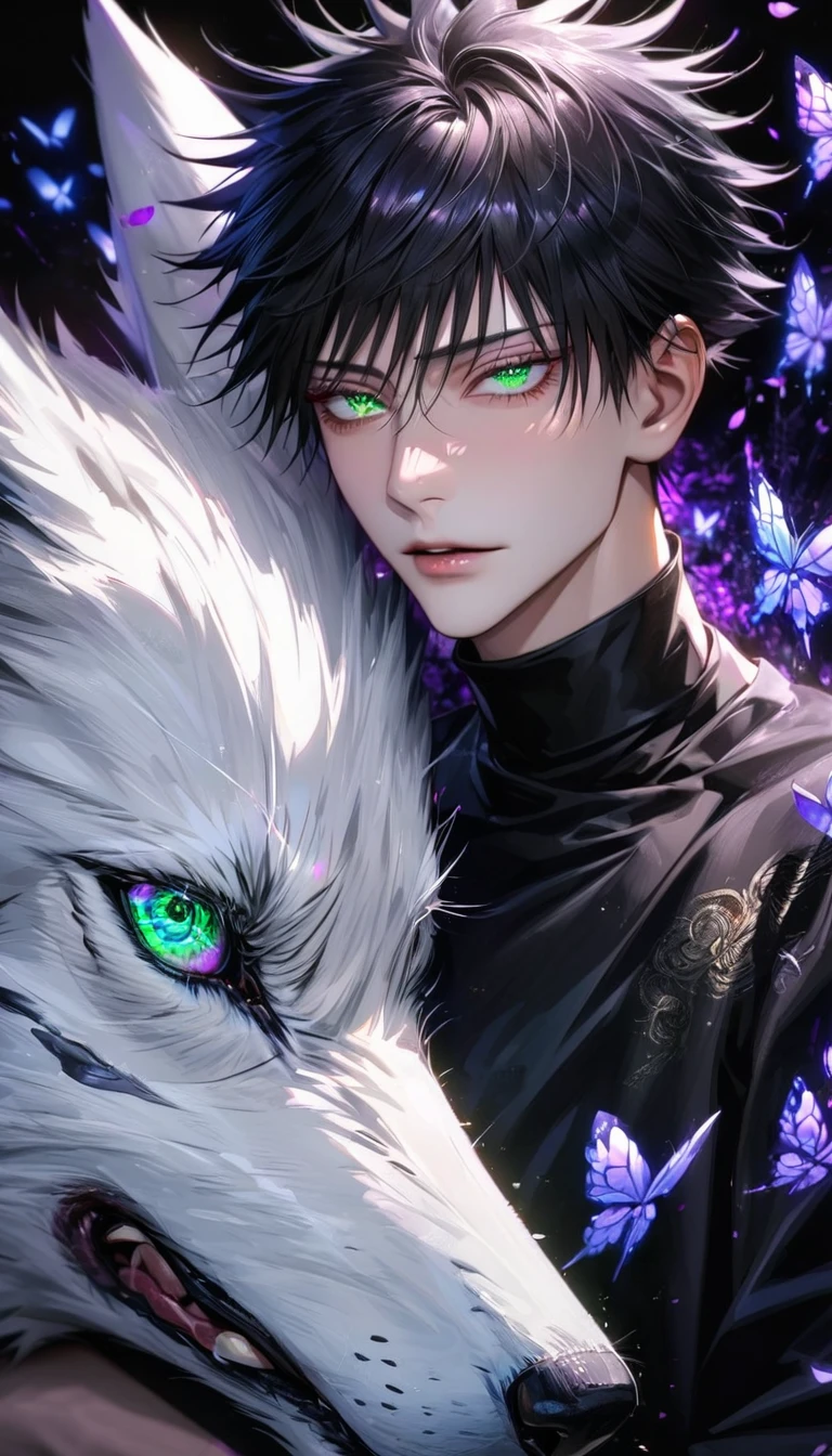 Ultra detailed, Highres, absurdres, HDR, master piece, Fushiguro Megumi, black hair, expressive green eyes, Jujutsu Kaisen, black long coat with patterns, purple ice flowers, petals, extremely handsome, sexy man, extremely detailed eyes and face, purple ice, purple ice glittering butterflies, black tight t-shirt, realistic face, glittering, glittering eyes, together with a white wolf,