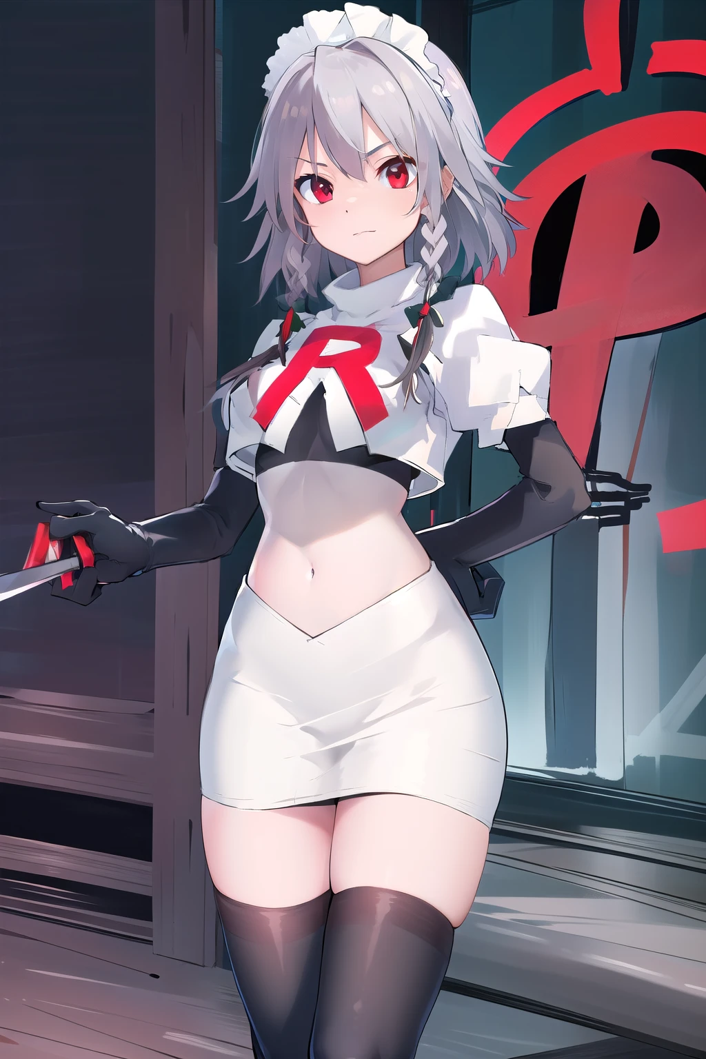 masterpiece, best quality, highres, 1girl, solo, sakuya1, izayoi sakuya, maid headdress, red eyes, grey hair, medium breasts, team rocket,team rocket uniform,white skirt,red letter R,crop top,black thigh-highs,black elbow gloves, holding knife